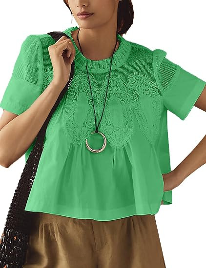 Women's Babydoll Tops Short Sleeve Lace Detail Blouses Flared Pleated Swing Sheer Mesh Shirts | Amazon (US)