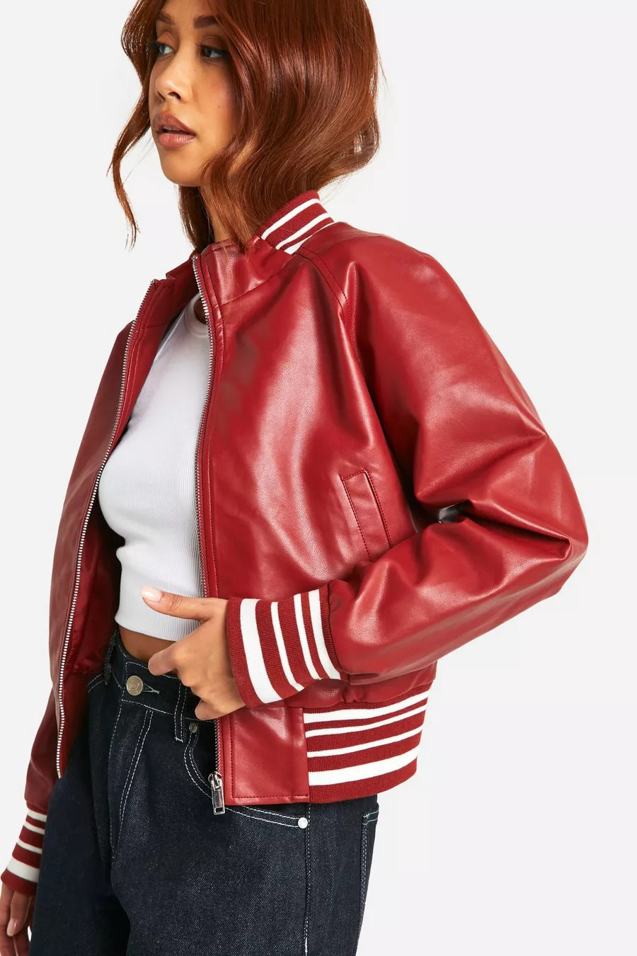 Stripe Rib Faux Leather Bomber Jacket | Boohoo.com (IT)
