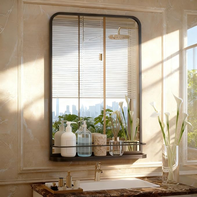 Bathroom Mirror with Shelf for Shaving,19.7x29.9 Inch Wall-Mounted Rectangle Metal Mirror with St... | Amazon (US)