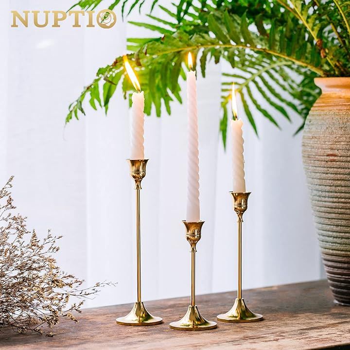 Candlestick Holders Taper Candle Holders, Set of 3 Candle Stick Holders Set, Brass Gold Candlestick Holder Set, Vintage... | Amazon (US)