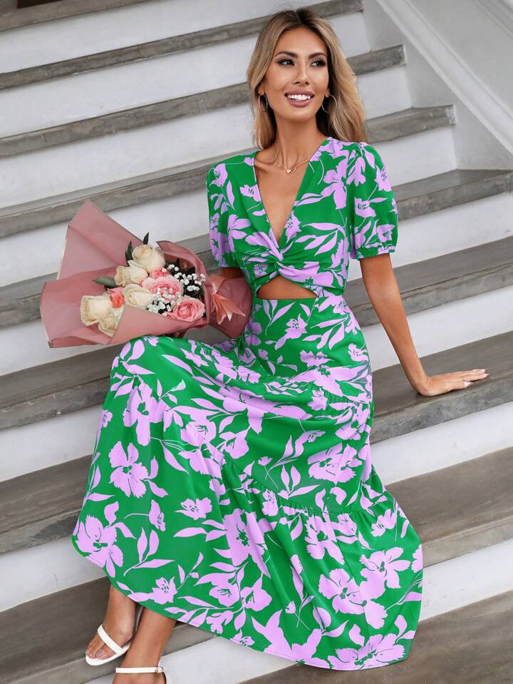 SHEIN LUNE Floral Print Cut Out Front Ruffle Hem Dress | SHEIN