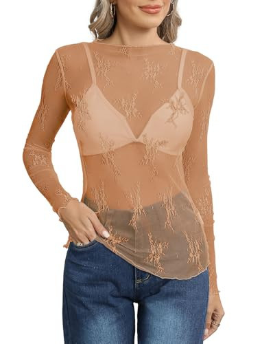SENSERISE Womens Lace Layering Top Long Sleeve Tops Sheer Mesh Mock Neck Floral Embroidery See Through Shirts(Orange Brown,M) | Amazon (US)