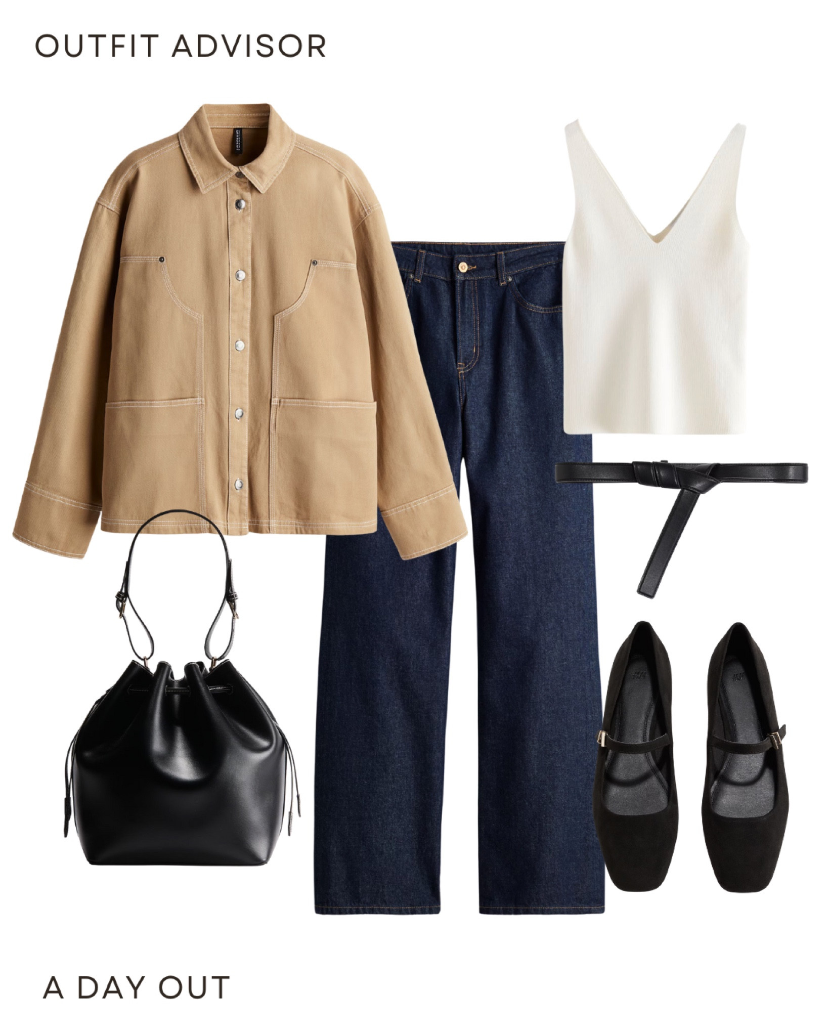 Casual autumn outfit idea: a brown jacket, white tank top, denim jeans, a black belt, suede ballet flats and a bucket bag

#LTKautumn #LTKstyletip #LTKworkwear
