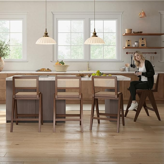 Rattan Bar Stools with Wood Frame Set of 4, 26" H Rattan Counter Height Bar Stools with Handwoven... | Amazon (US)