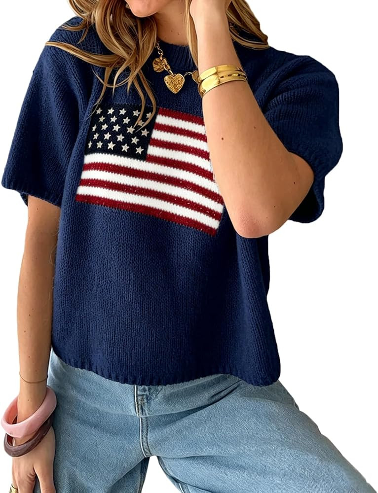 RUEWEY Womens American Flag Short Sleeve Sweater Casual Crewneck US Flag Knitted Pullover Crop To... | Amazon (US)