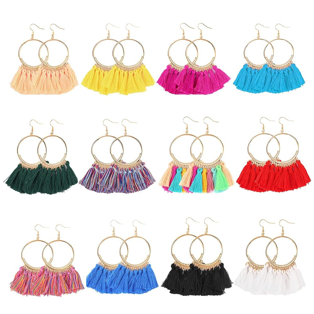 12 Pairs Bohemian Tassel Earrings for Women-Trendy Colorful Fringe Statement Earrings for Women J... | Amazon (US)