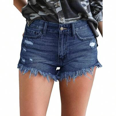 Women's Casual Denim Shorts Frayed Raw Hem Ripped Jeans Shorts | SHEIN