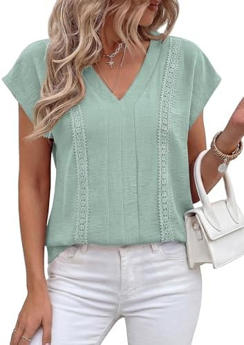 PRETTYGARDEN Blouses for Women Dressy Casual Spring 2026 Cap Sleeve V Neck Lace Trim Boho Tops Wo... | Amazon (US)