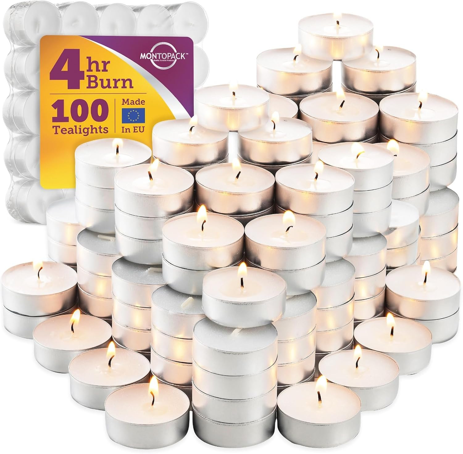 MontoPack Unscented Tea Light Candles 100 Pack | 4 hours, White, Smokeless, Dripless Small Votive Paraffin Tealights | Long-Lasting for Home, Shabbat, Weddings, Events, Emergencies | Mini Candles Bulk | Amazon (US)