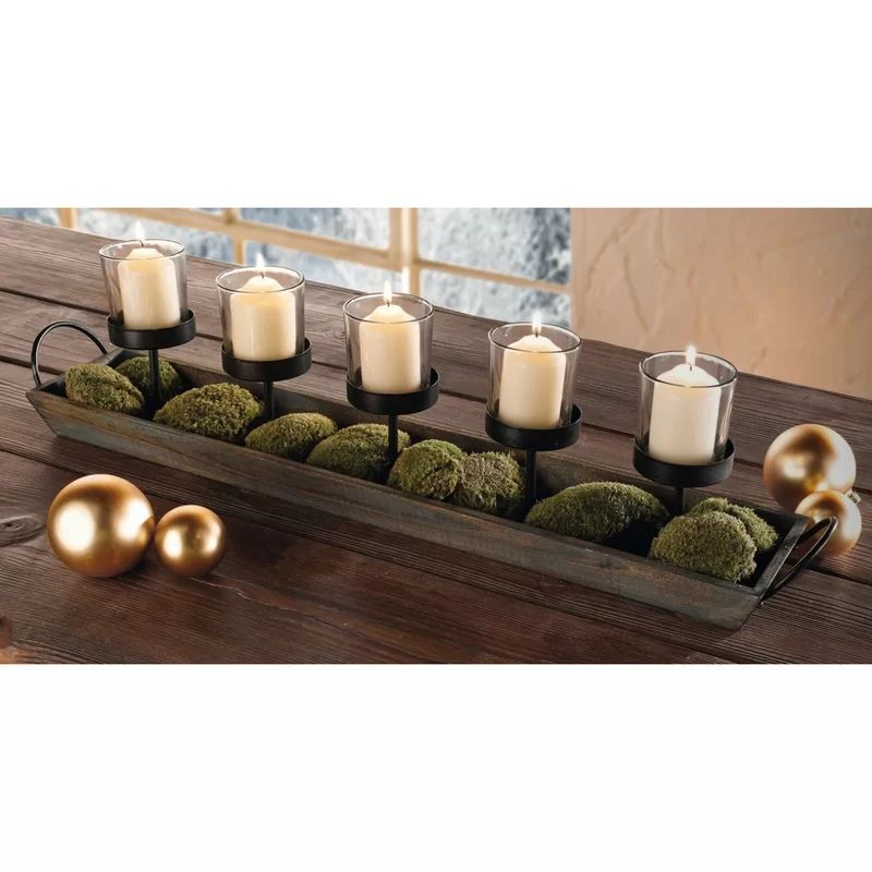 5-Pillar Candelabra Centerpiece with Glass Cups and Rustic Wood Tray | Wayfair North America