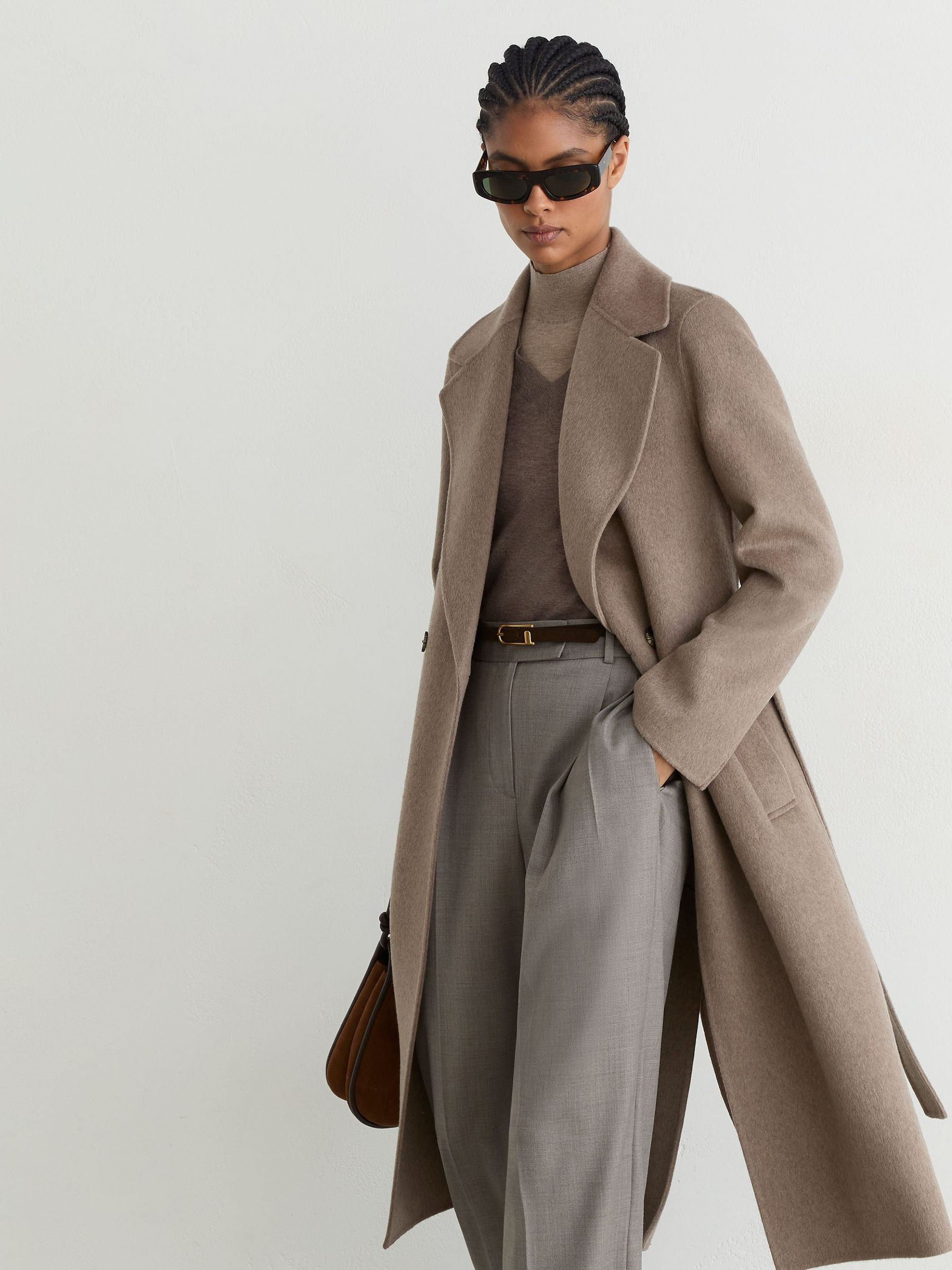 Reiss Wool-Blend Double-Breasted Blind-Seam Coat with Cashmere in Neutral Melange - REISS | Reiss UK