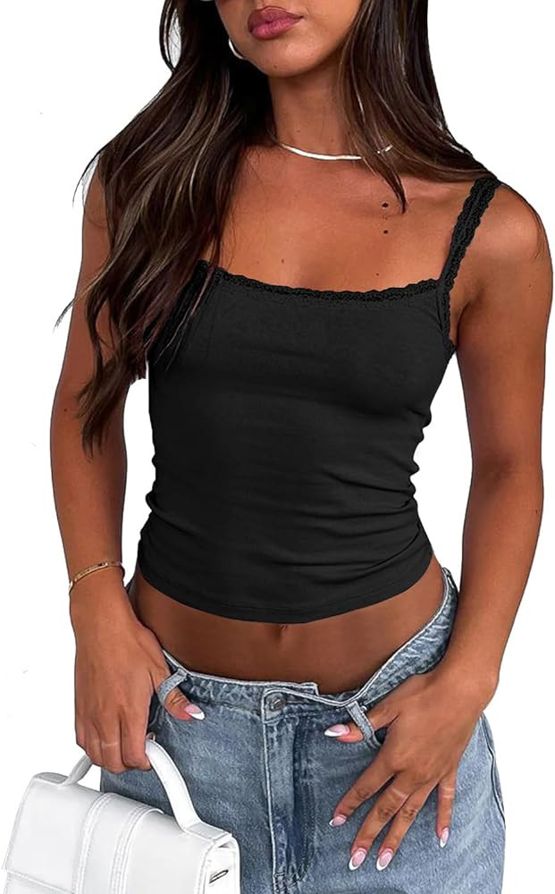 Sleeveless Camisole Tank Tops for Women Y2K Spaghetti Strap Lace Trim Slim Fit Basic Cami Shirts | Amazon (US)