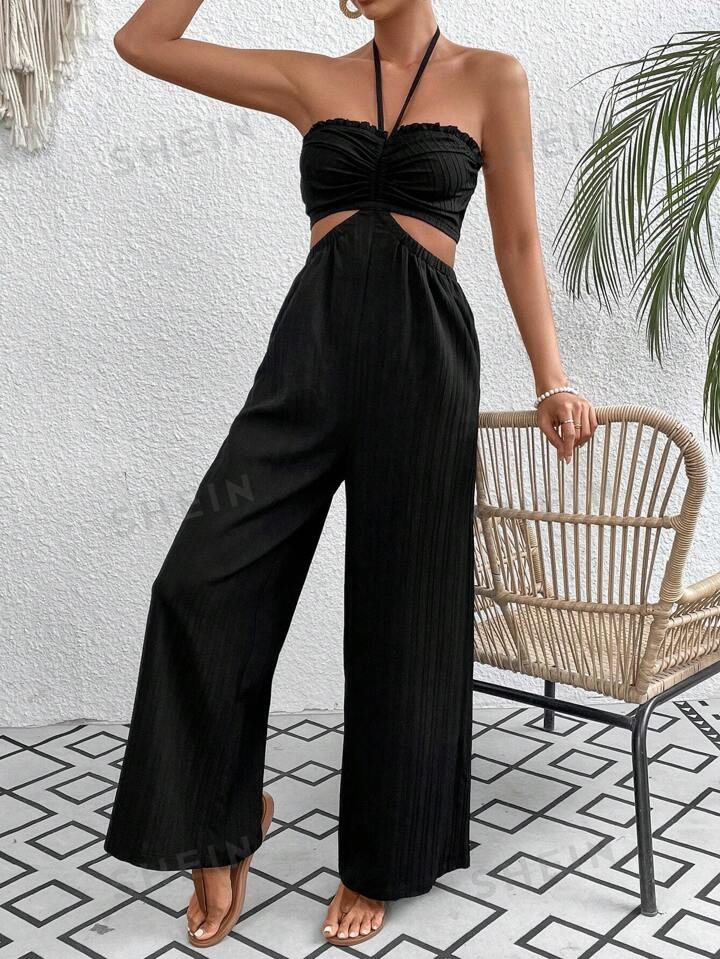 SHEIN VCAY Ladies' Texture Halter Neck Jumpsuit | SHEIN