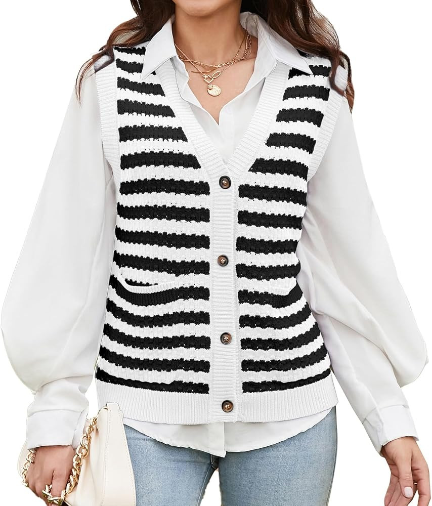 V FOR CITY Womens Sweater Vest Sleeveless Striped Crochet Cardigan Vests Contrast Color Fall Knit... | Amazon (US)