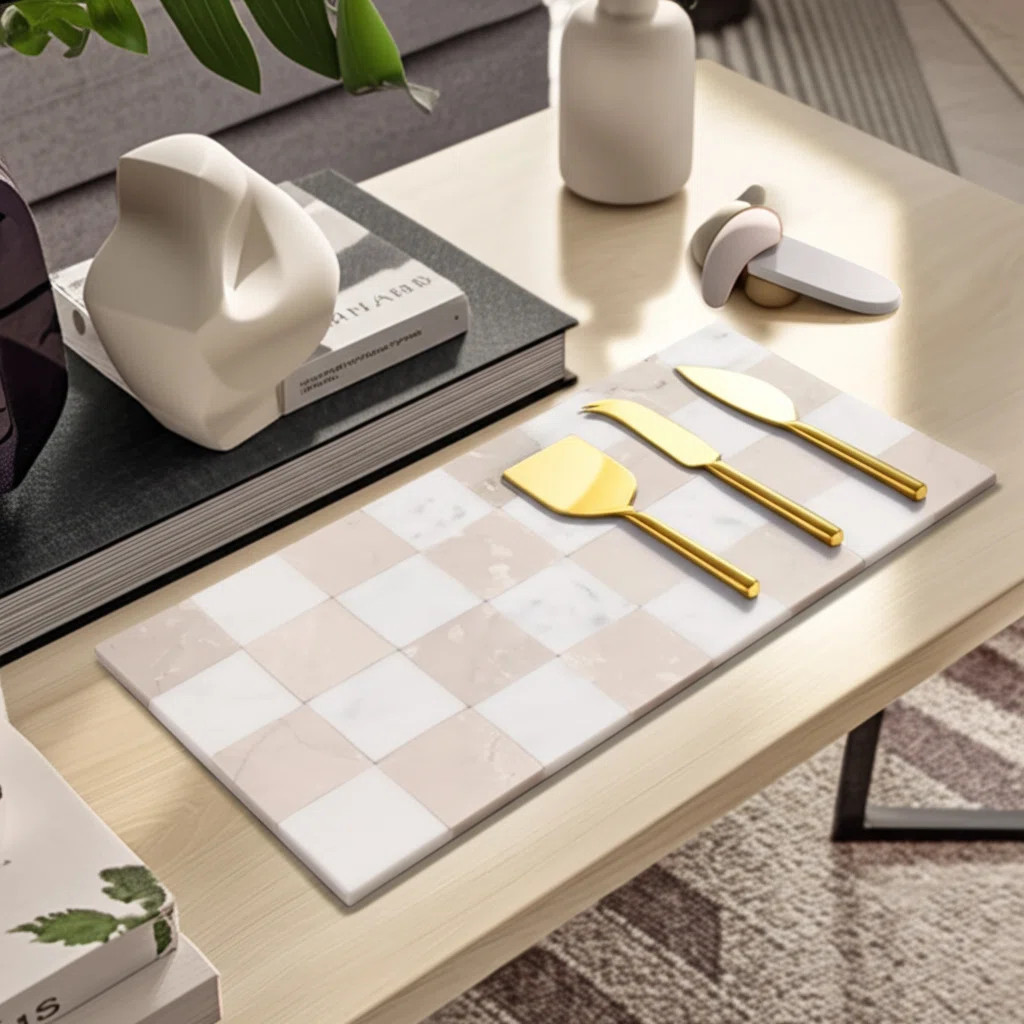Rectangular Marble And Stone Serving Trays With Checkered Finish And Cheese Tools - Chiseled Stee... | Wayfair North America