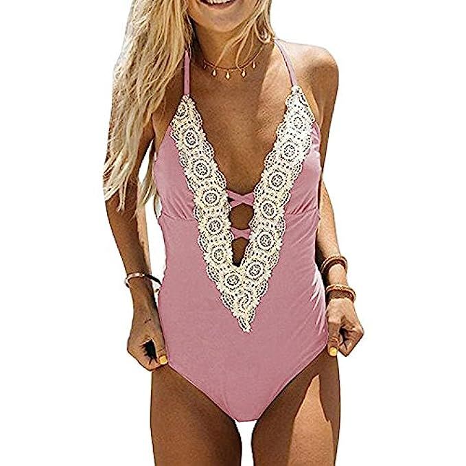 ROVLET Womens Sexy Vintage Deep V Neck Lace One Piece Bikini Sets Fashion Beach Swimsuit Monokini Sw | Amazon (US)