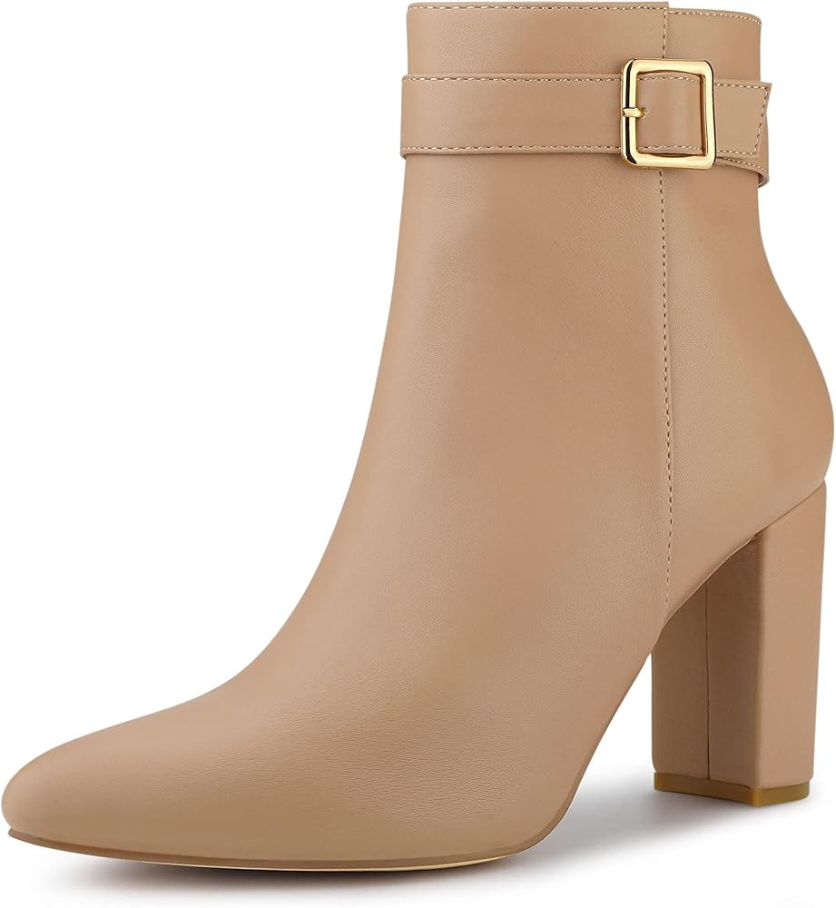 Allegra K Women's Pointed Toe Buckle Decor Heel Ankle Booties | Amazon (US)