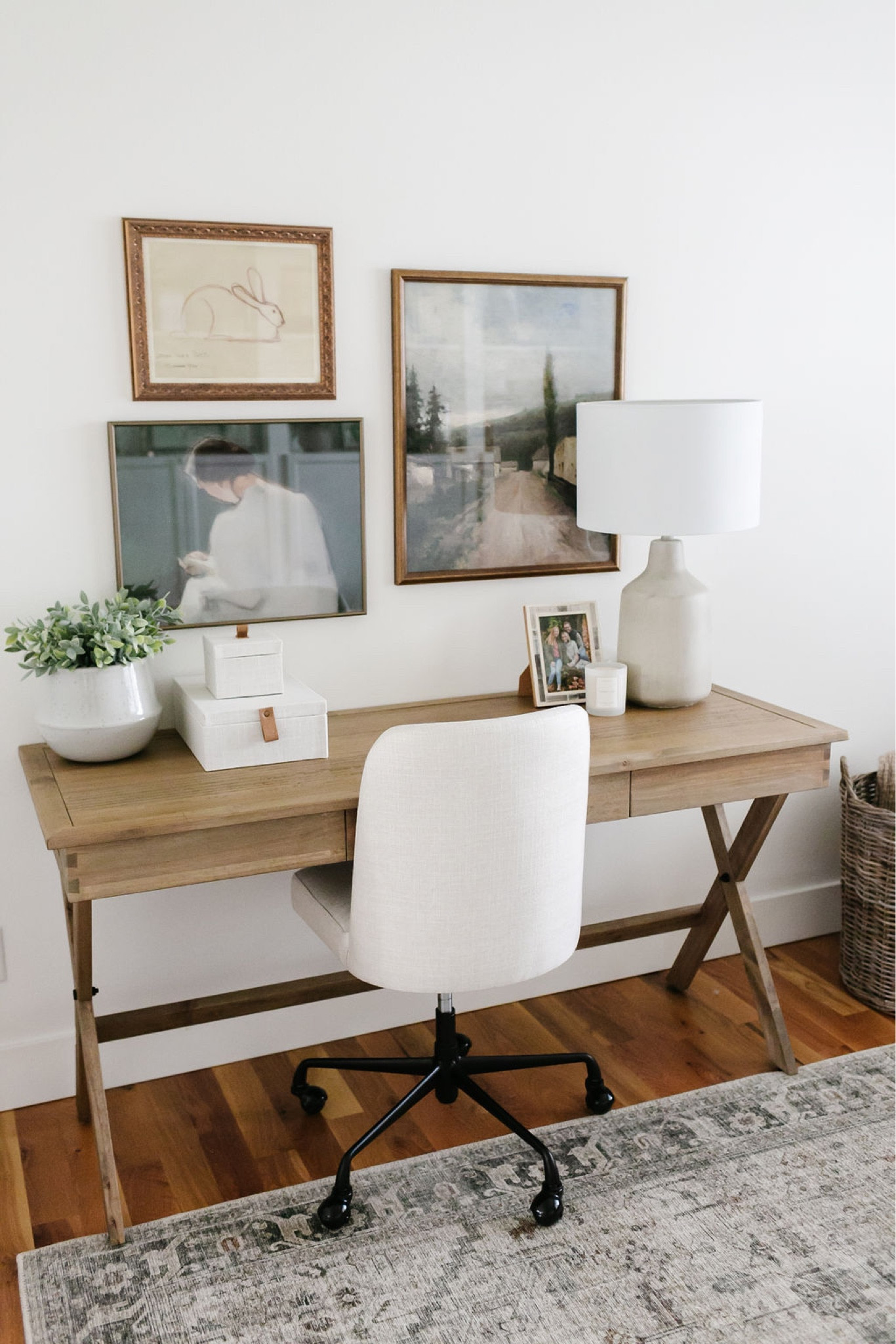 Home office furniture and decor. 

World Market 
Wood campaign desk
Upholstered desk chair
Gallery artwork 
Table lamp

#LTKhome #LTKsalealert #LTKSeasonal