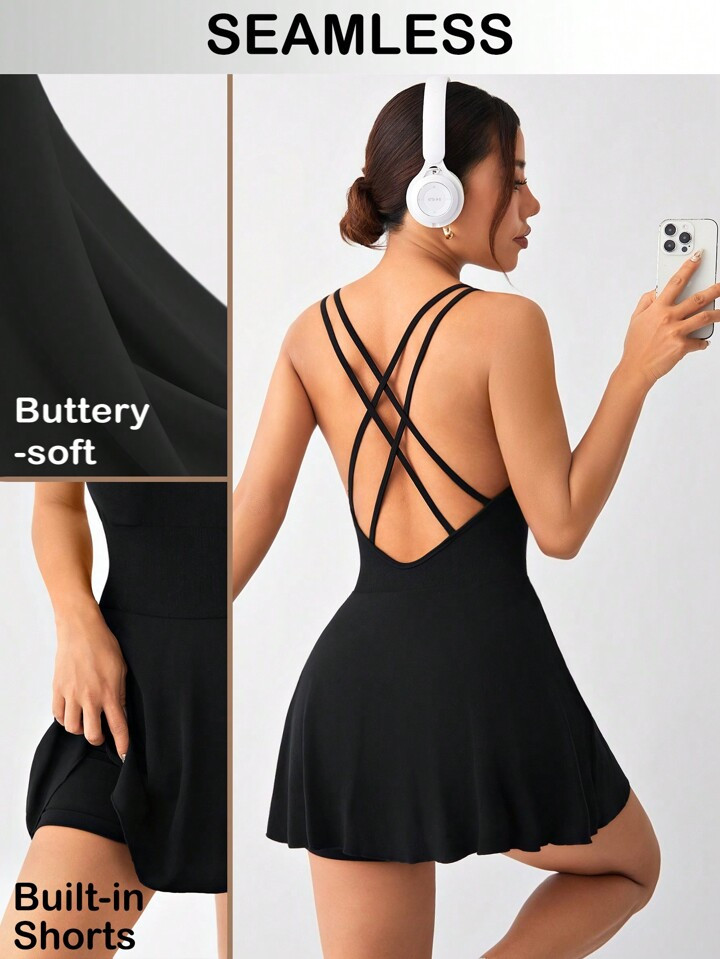 Daily&Casual High-Stretch Seamless Open Back Sports Dress Short Black Dress | SHEIN