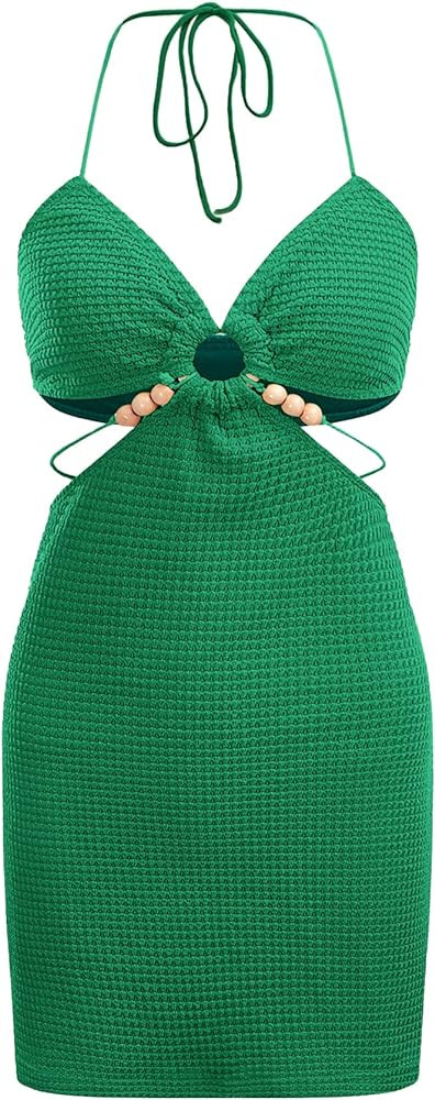 Verdusa Women's Casual Sleeveless Tie Backless Cut Out V Neck Bodycon Halter Mini Beach Boho Dres... | Amazon (US)