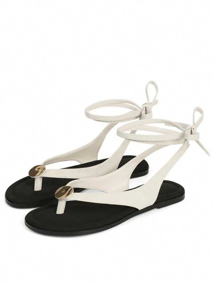 Womens Lace Up Sandals Metal Hoop Thong Sandals Strappy Flat Sandals For Women Summer Beach Sandals Dreesy Wide Width Sandals | SHEIN