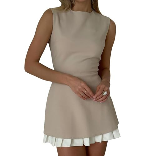 Women's Elegant Splicing Pleated Mini Dress Fashion Round Neck Sleeveless Patchwork Party Office Tank Dresses Bodycon Apricot | Amazon (US)