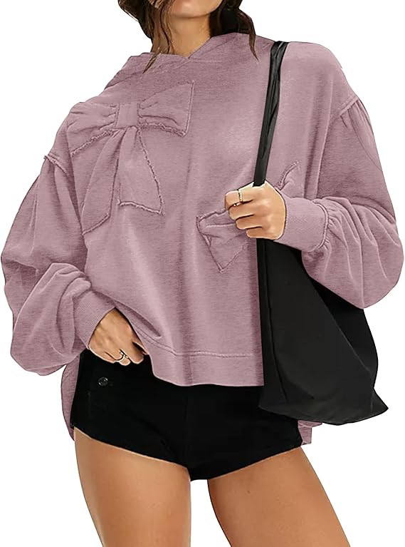 Womens Bow Front Sweatshirt Oversized Long Sleeve Drop Shoulder Bow Pullover Y2k Hoodies | Amazon (US)