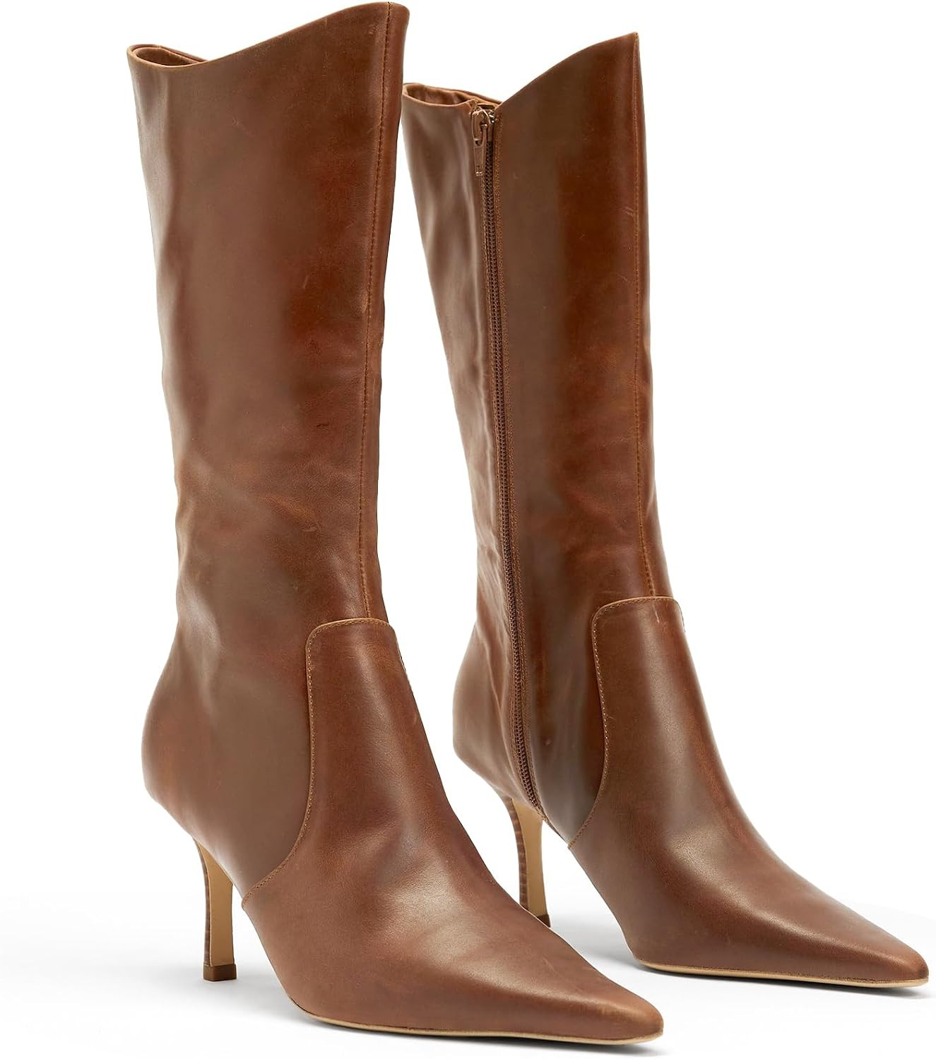Coutgo Womens Mid Calf Boots Pointed Toe High Heel Long Boots Side Zipper Winter Dress Shoes | Amazon (US)