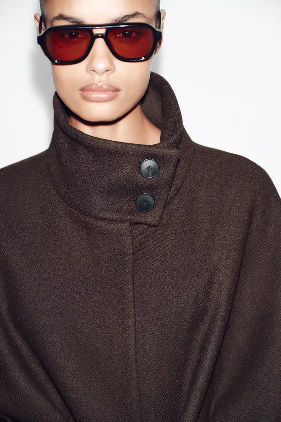 CROPPED WOOL CAPE COAT WITH BELT | Zara UK