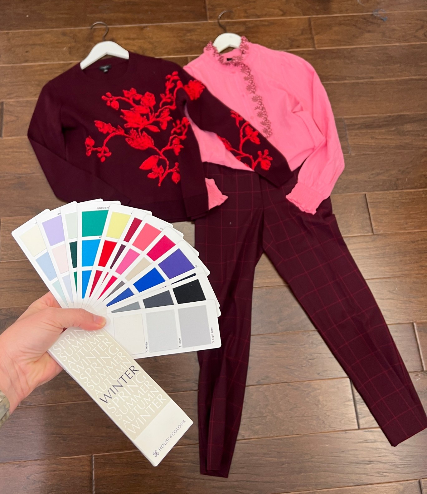 I love this  shocking pink, red, and burgundy color combination for Winters in the fall! Summers, the burgundy and red will work for you too! 