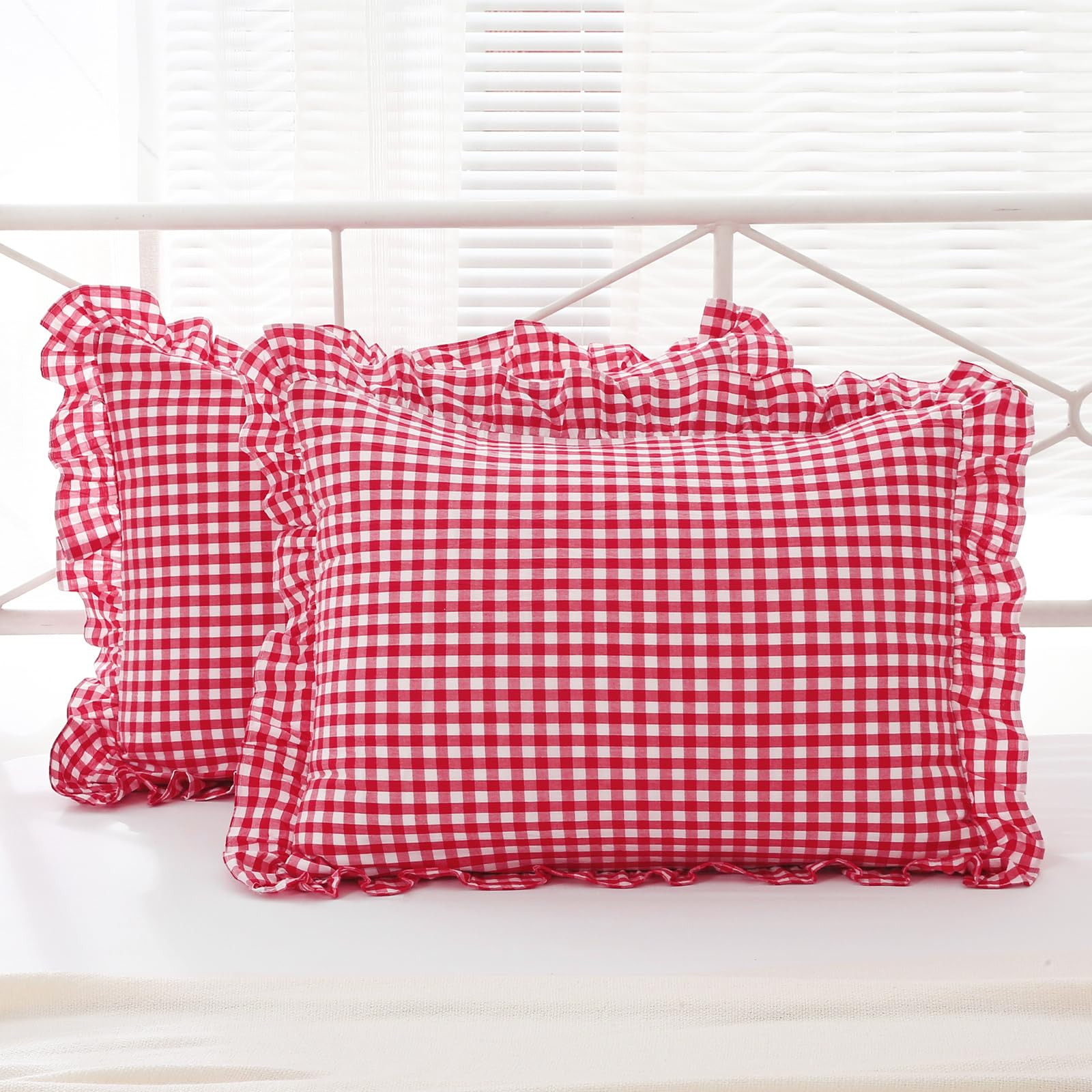 2 Pack Red White Plaid Ruffle Gingham Pillow Shams Standard Size 20x26 inches, 100% Washed Cotton... | Amazon (US)