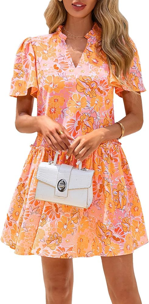 BTFBM Women Spring Dresses 2026 Short Sleeve V Neck Tiered Ruffle Boho Swing Dress A-Line Floral ... | Amazon (US)