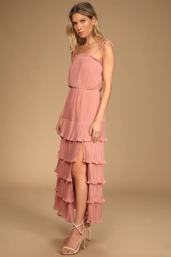 Playing Cupid Pink Pleated Tiered Ruffled Tie-Strap Maxi Dress | Lulus (US)