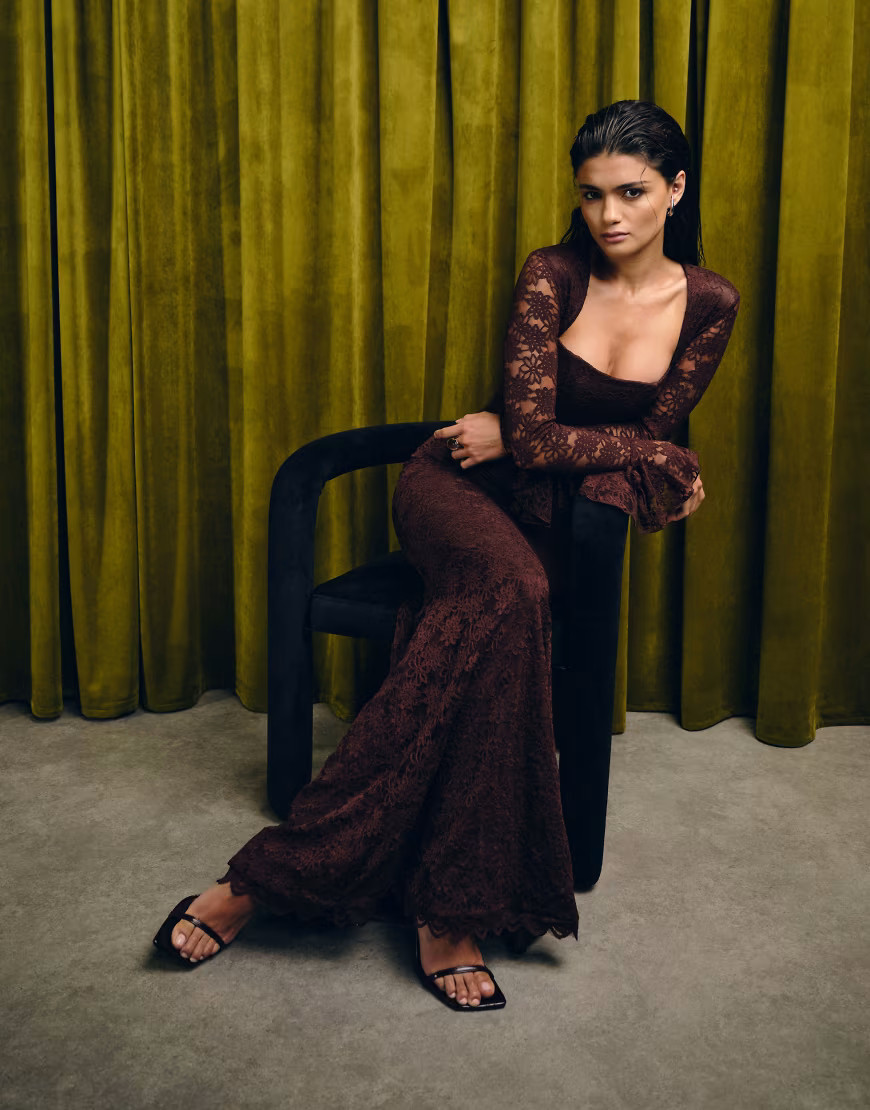 Wanderdoll Juliette square neck corset detail bow tie sleeve lace maxi dress in chocolate-Brown | ASOS (Global)
