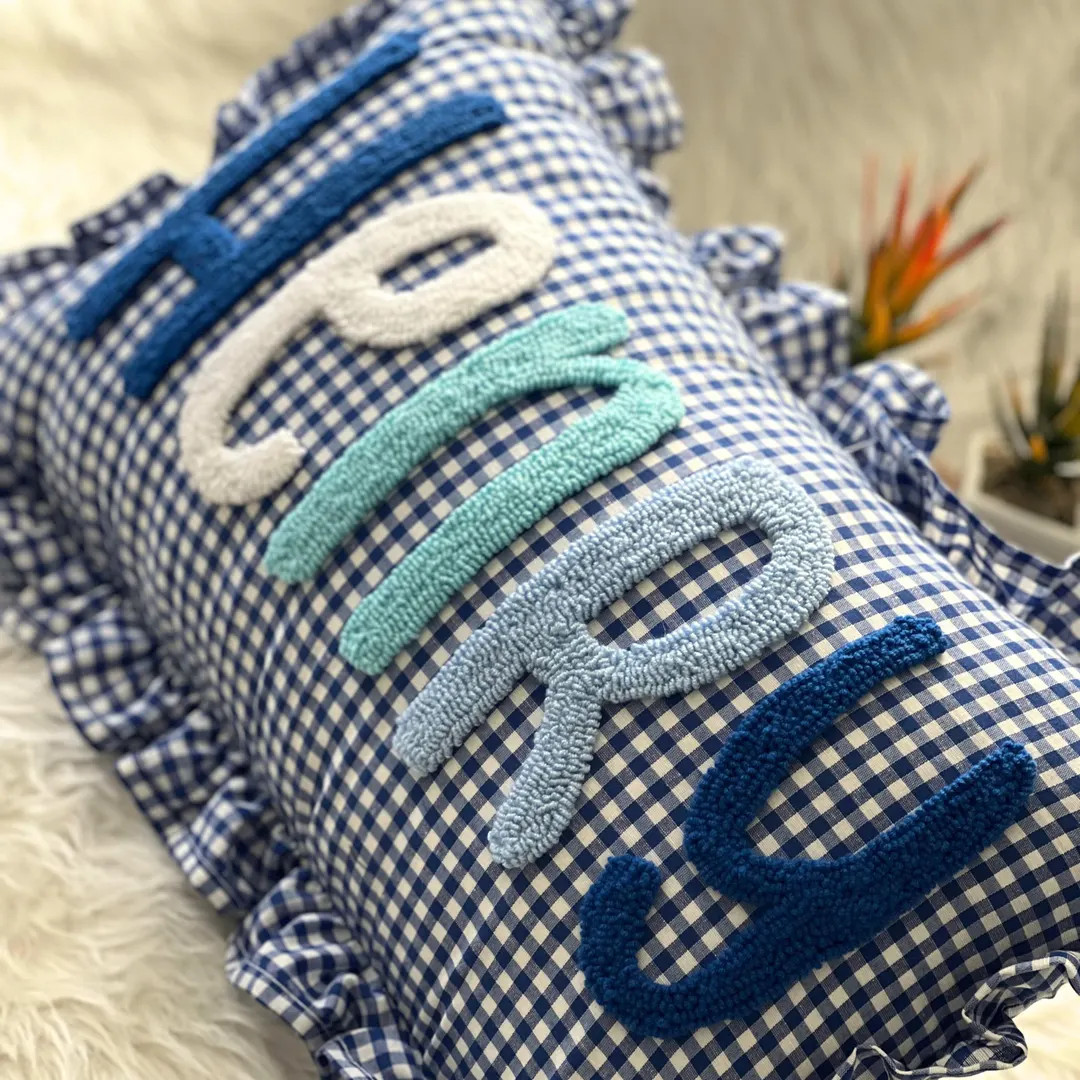 Custom Punch Needle Boy Name Pillow, Toddler Room Decor, Blue Gingham Ruffle Cushion, Personalize... | Etsy (US)