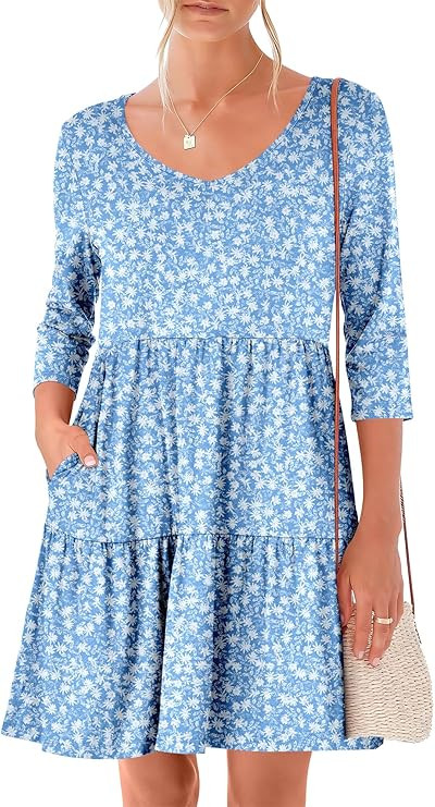 ANRABESS Women's 3/4 Sleeve Mini Dresses Summer Casual V Neck Flowy Tiered Floral Boho A-line 202... | Amazon (US)