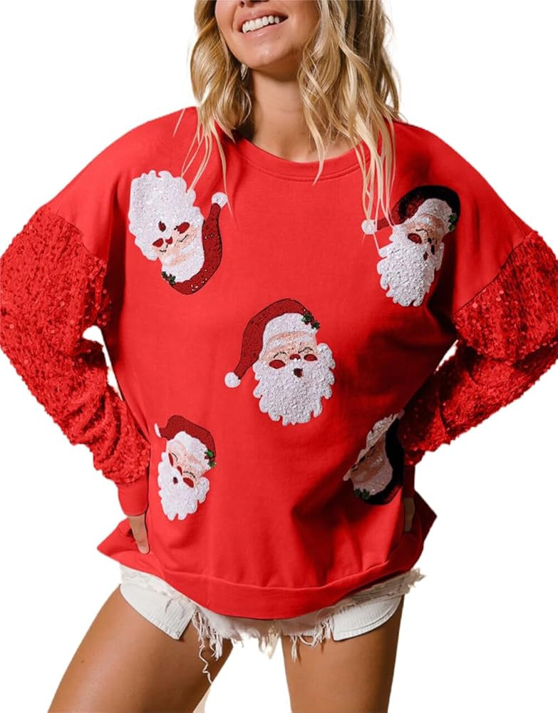 Womens Christmas Sweatshirt Sequined Santa Claus Crewneck Long Sleeve Casual Pullover Tops | Amazon (US)