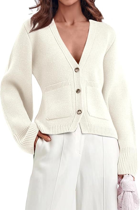 Saodimallsu Womens Deep V Neck Cardigan Sweaters Open Front Button Down Long Sleeve Cropped Knit ... | Amazon (US)