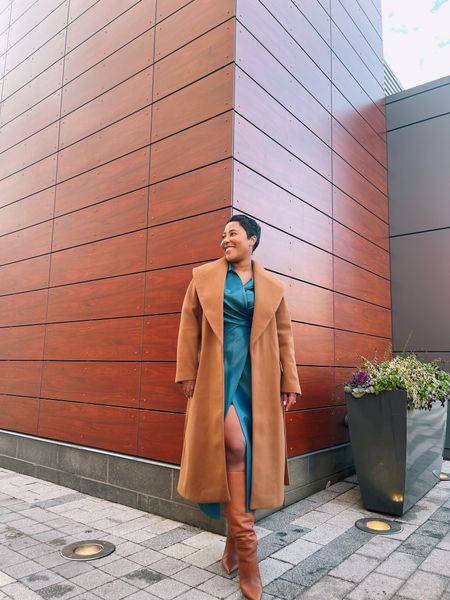 Shawl wrap camel coat
Blue leather wrap dress
Tall brown boots 

#workoutfit
#dressoutfit
#camelcoatoutfit
#camelcoat


#LTKstyletip #LTKSeasonal #LTKFind