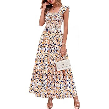dowerme Womens Summer Maxi Dresses 2026 Casual Ruffle Sleeve Button Smocked Floral Slit Boho Dres... | Amazon (US)