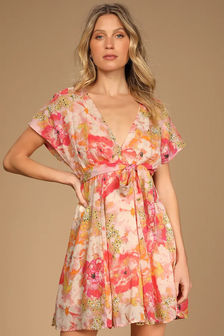 Freddy Pink Floral Print Short Sleeve Tie Mini Dress | Lulus (US)
