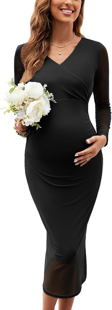 2024 Maternity Cocktail Dress Mesh Wrap Bodycon Baby Shower Wedding Guest Pregnancy Shoot Fall Lo... | Amazon (US)