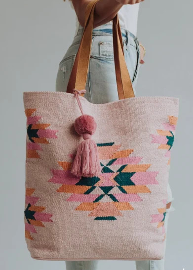 Roxana Pink, Teal and Orange Western Print Woven Tote Bag | Benaar La