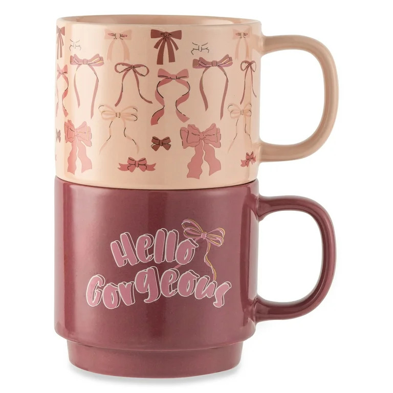 Thyme & Table 2 Pack Stacking Hello Gorgeous and Pink Bows Mugs 14.2 fl oz, Stoneware | Walmart (US)