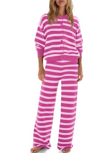 ReachMe Womens Oversized Striped 2 Piece Sets Button Up Cardigan and Wide Leg Pants with Pockets Fall Pajama Outfit(Pink Purple Combo,XL) | Amazon (US)
