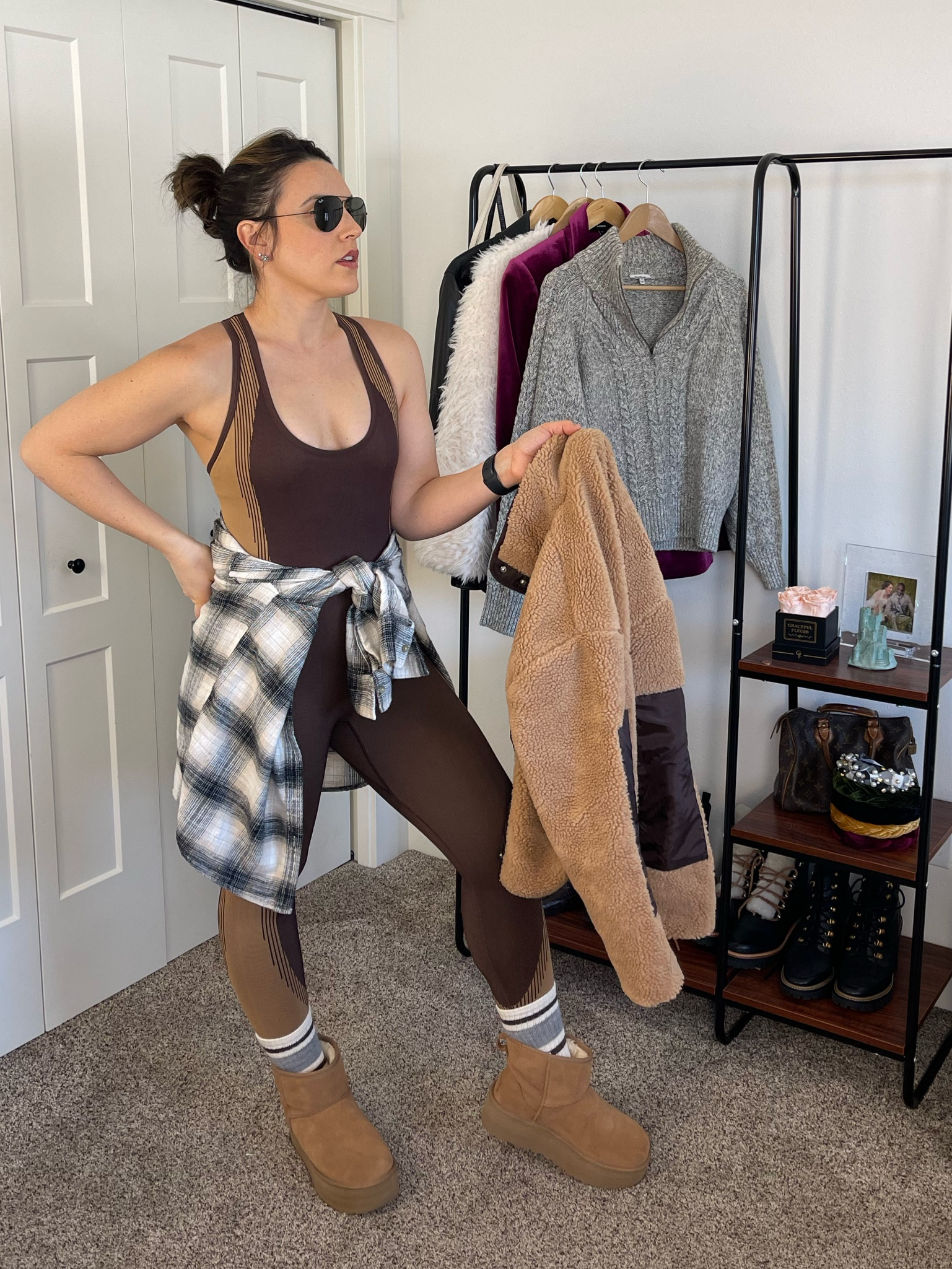 Fabletics jumpsuit. 
Workout clothes. 
Teddy coat. 
Brown hues. 
Cozy style. 
Weekend workout look  

#LTKSeasonal #LTKfindsunder100 #LTKfitness