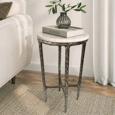 Minza Accent Side End Table, Modern White Marble Round Top, Hand Forged, Hammered Antique Nickel Finish, 24 Inch | Target