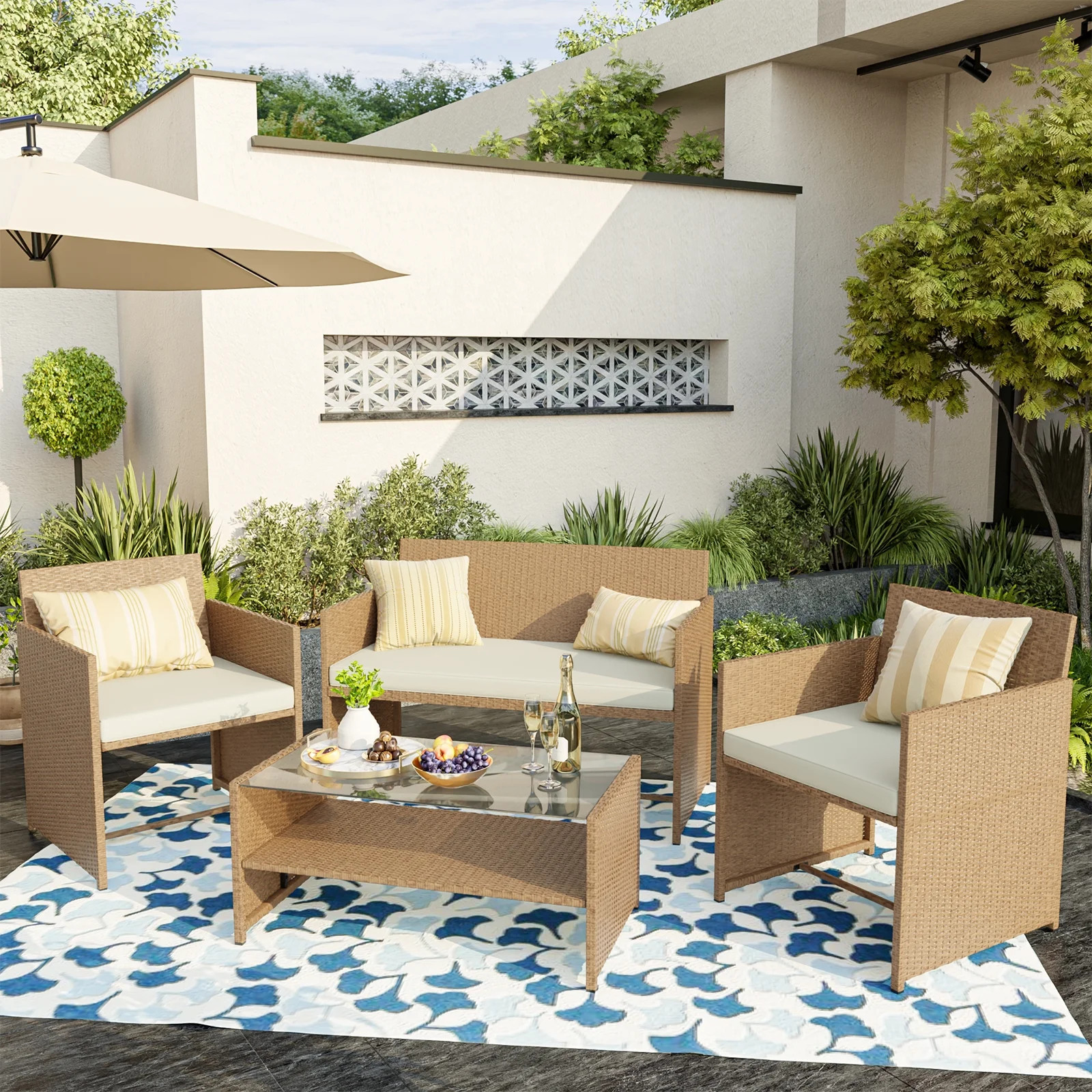 ELPOSUN 4-Piece Patio Rattan Furniture Set with Cushions & Tempered Glass Tabletop, Beige | Walmart (US)