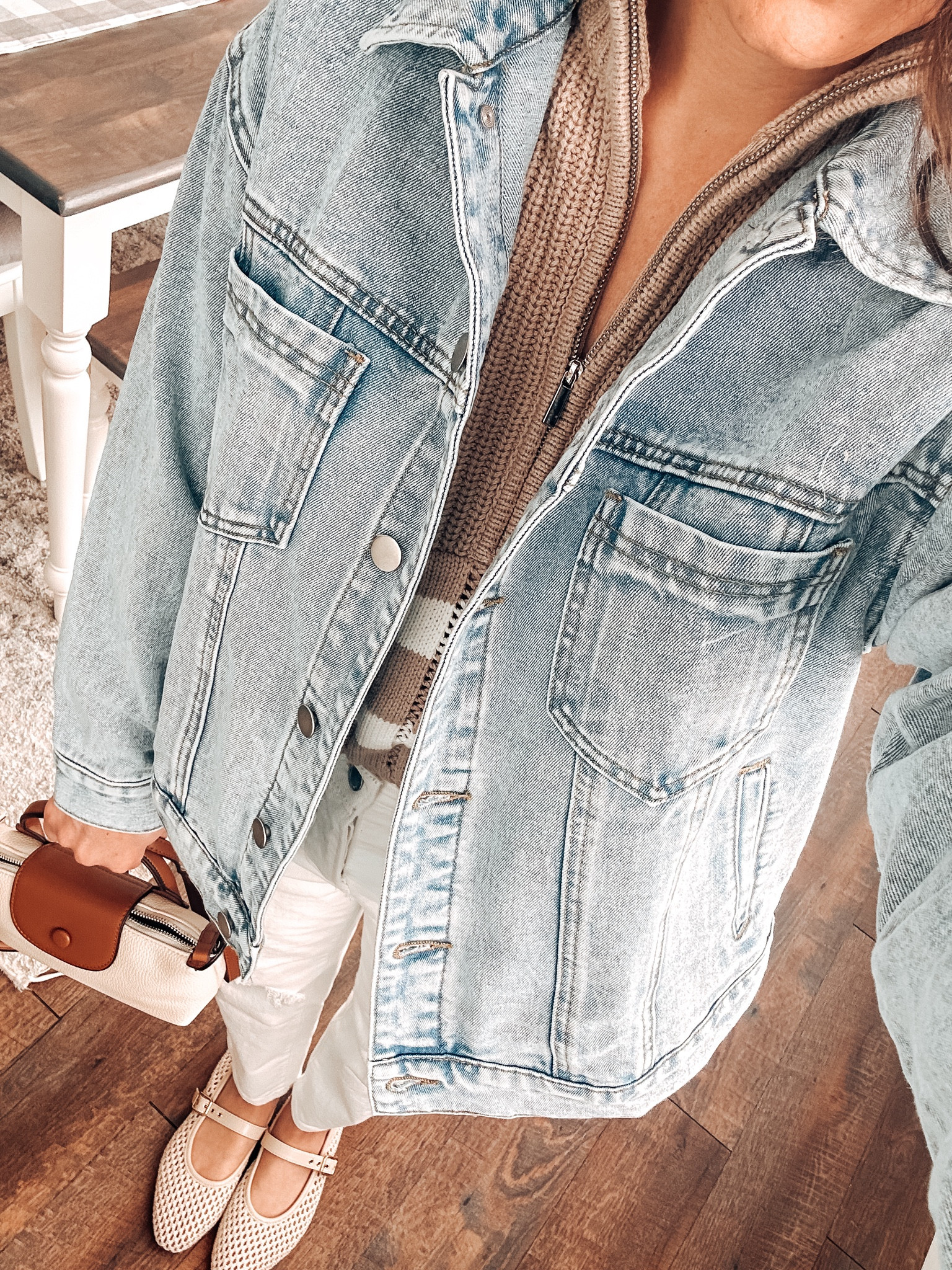 Love a good lightweight denim jacket! Size small 
Quarter zip sweater small 
New white denim up one size short option
Shoes tts 

#LTKPetite #LTKStyleTip #LTKFindsUnder50