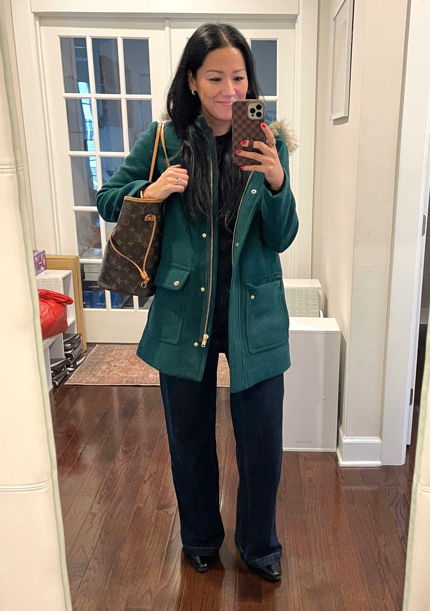 Size 4 coat
Size 2 regular jeans
Boots are true to size 
Size small cardigan 



#LTKOver40 #LTKFindsUnder50 #LTKootd